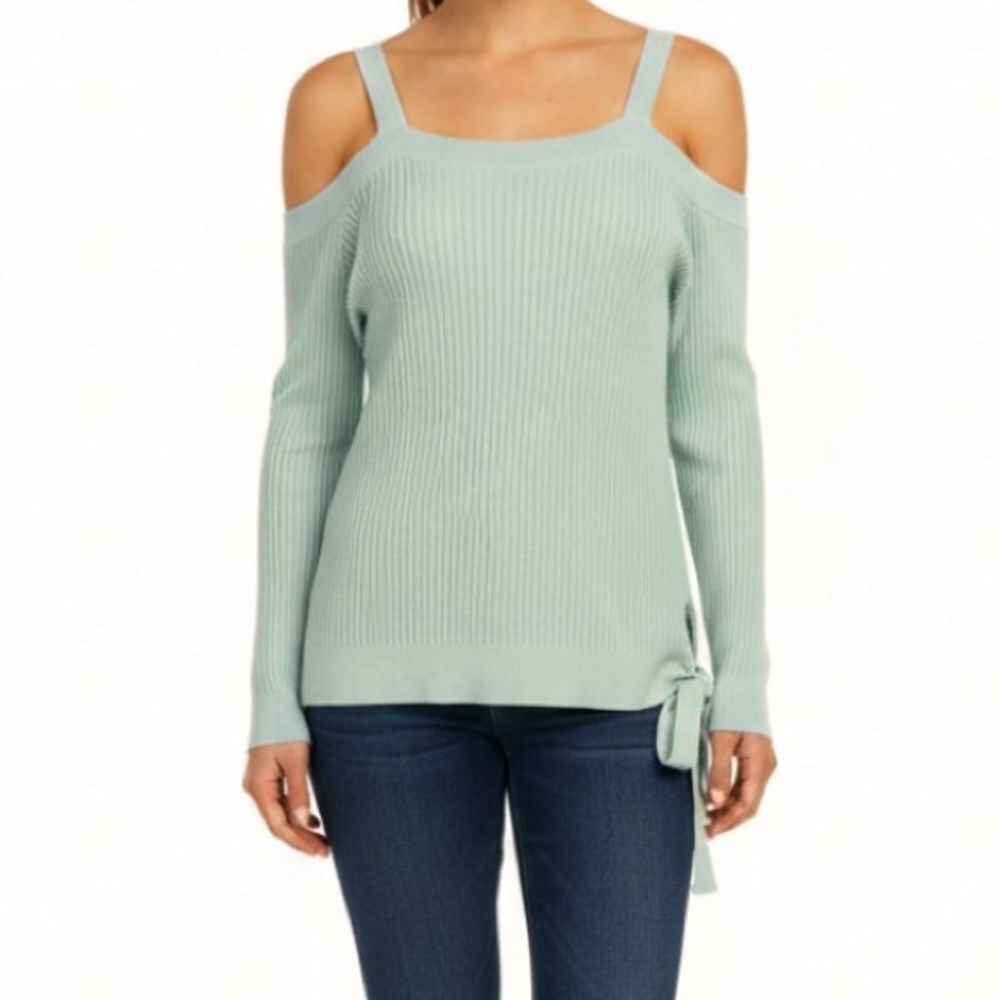 Hem & Thread Mint Green Cold Shoulder Ribbed Tie Hem Sweater S Quiet Luxury NWT